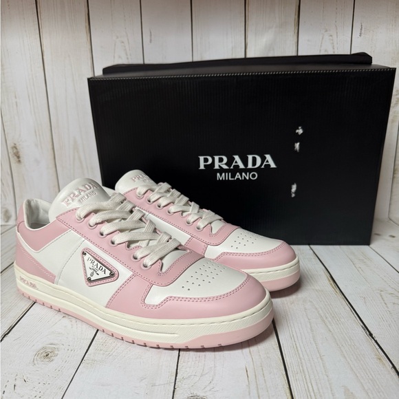 Prada Spazzolato Rois Triangle Logo  Downtown Sneakers White/Pink Sz 41 / 11 - Picture 1 of 15